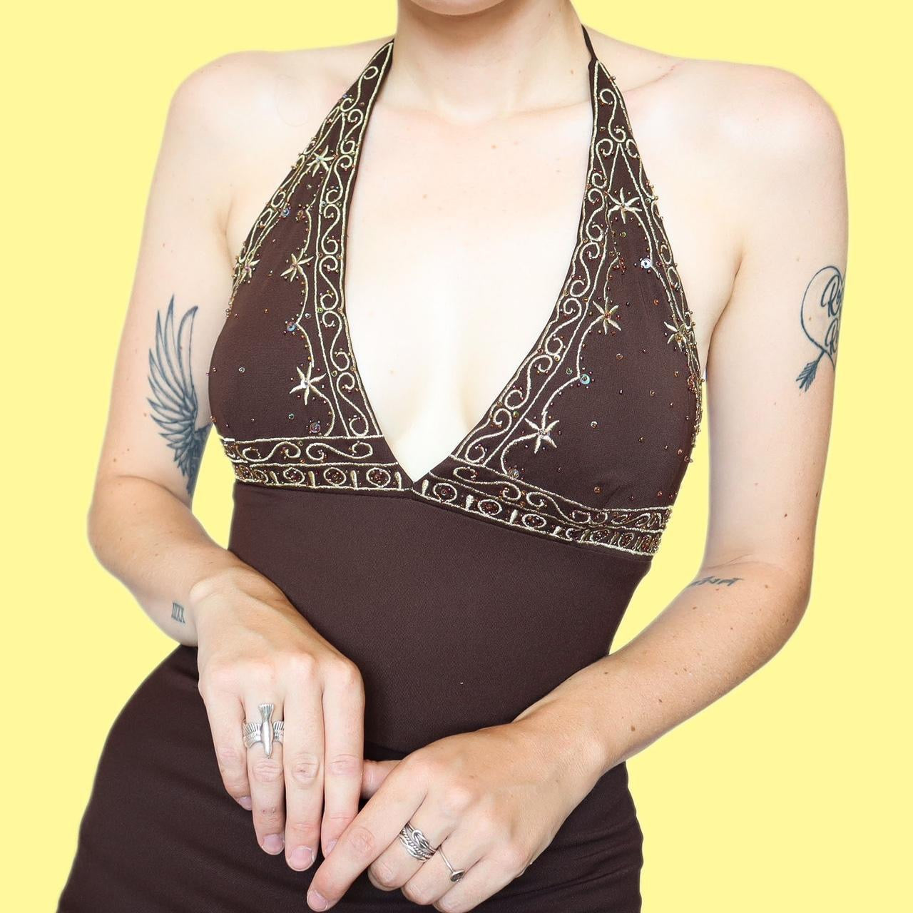 Brown stretch halter-neck evening dress UK 8