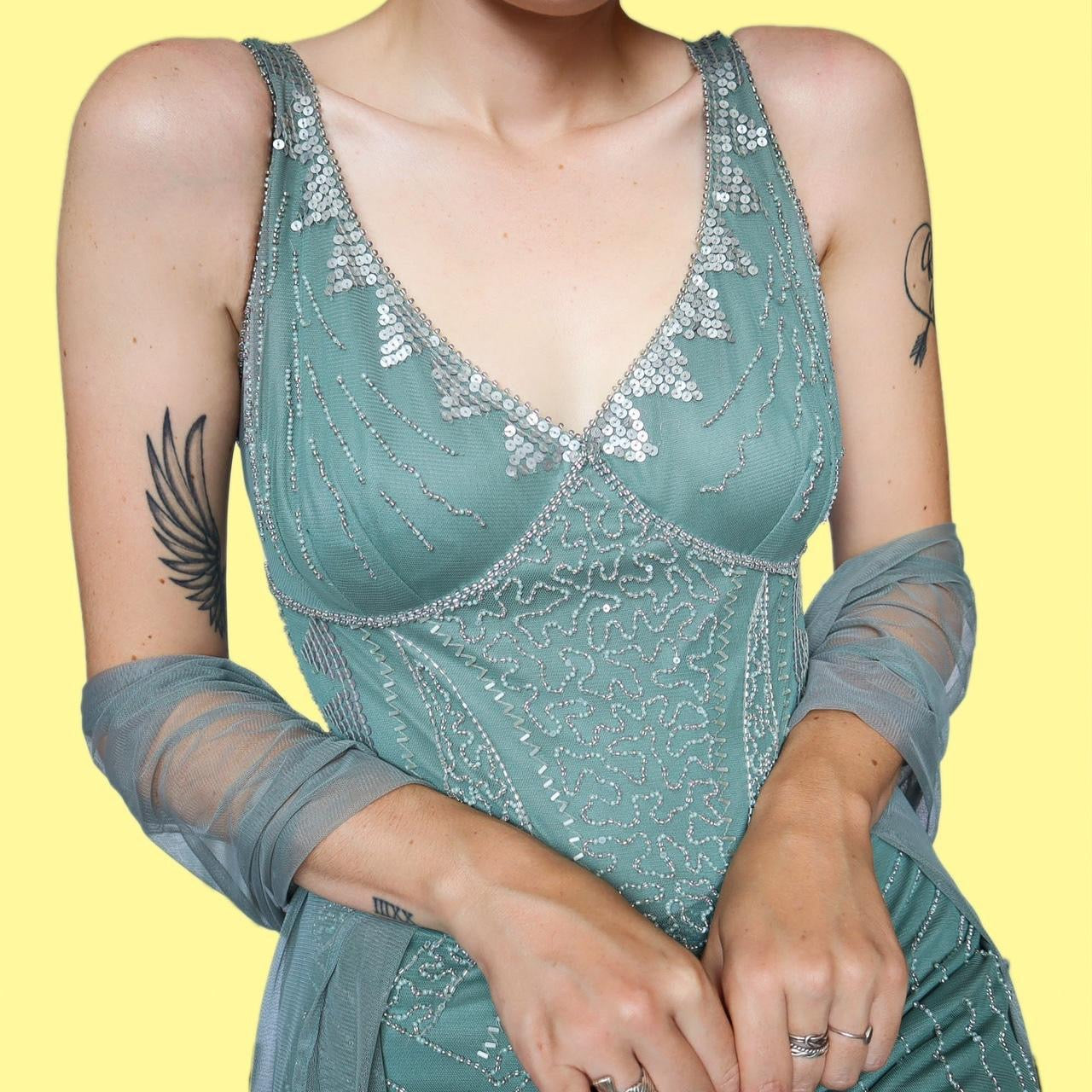 Beaded party midi dress with shawl UK 12