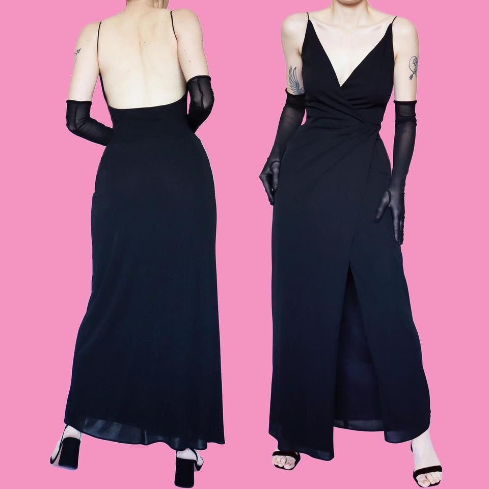 90s black wrap style evening dress UK S