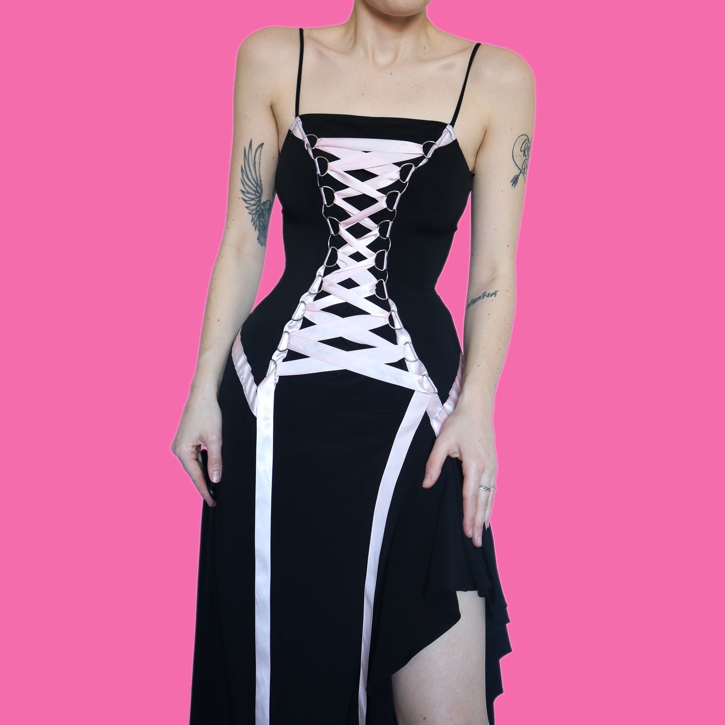 One of a kind black stretch lace up front party dress UK 12