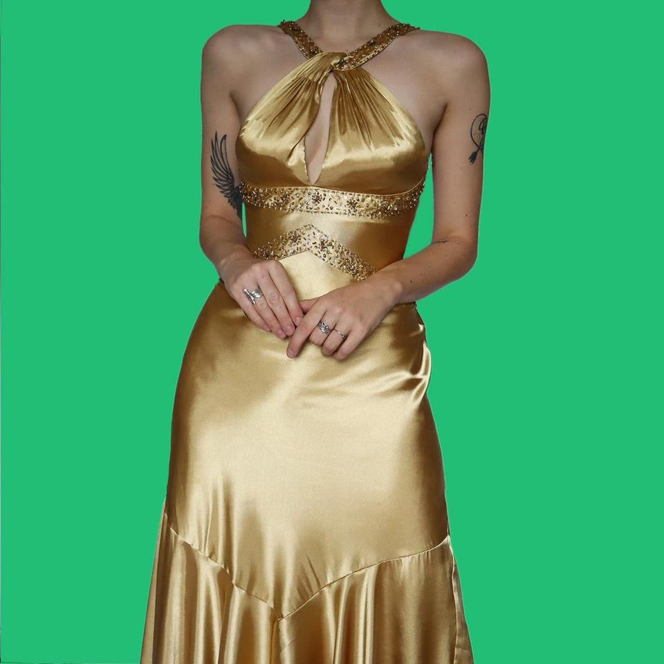 Gold Dave & Johnny satin evening dress UK 10