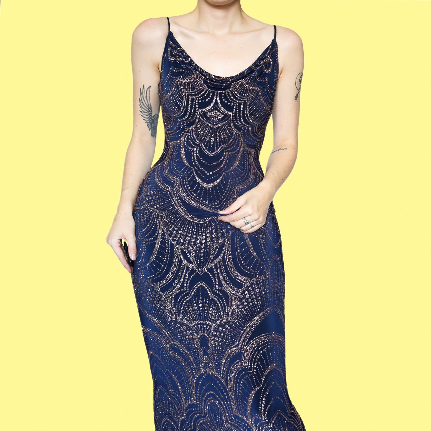 Navy stretch glitter slip evening dress UK 8