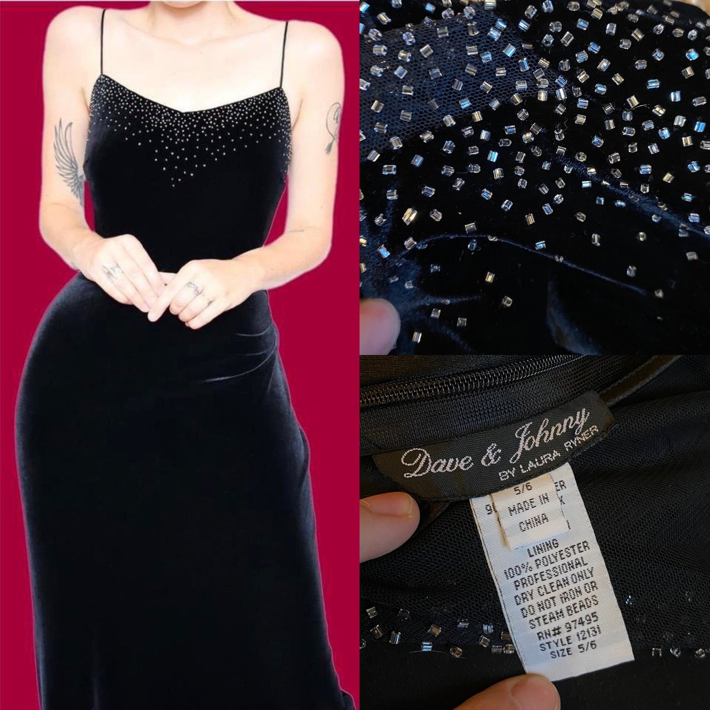 Black velvet stretch beaded evening dress UK 12