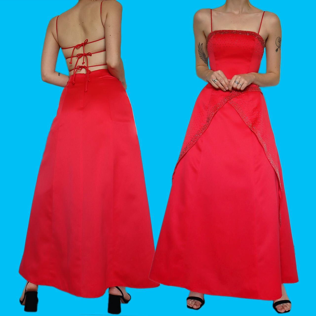 Beautiful Morgan & Co red a line beaded evening dress UK 10