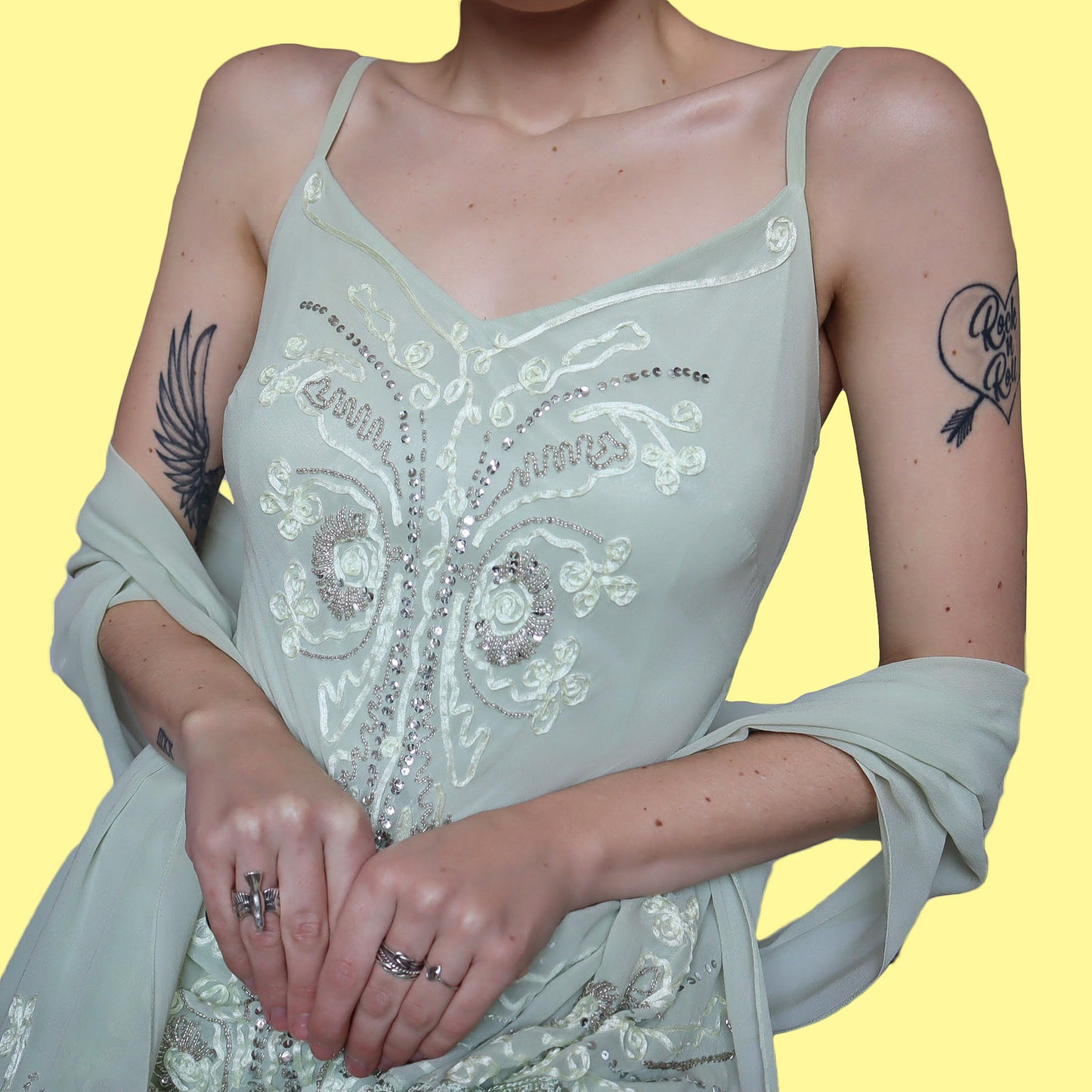 Green 100% silk midi dress & shawl UK 14