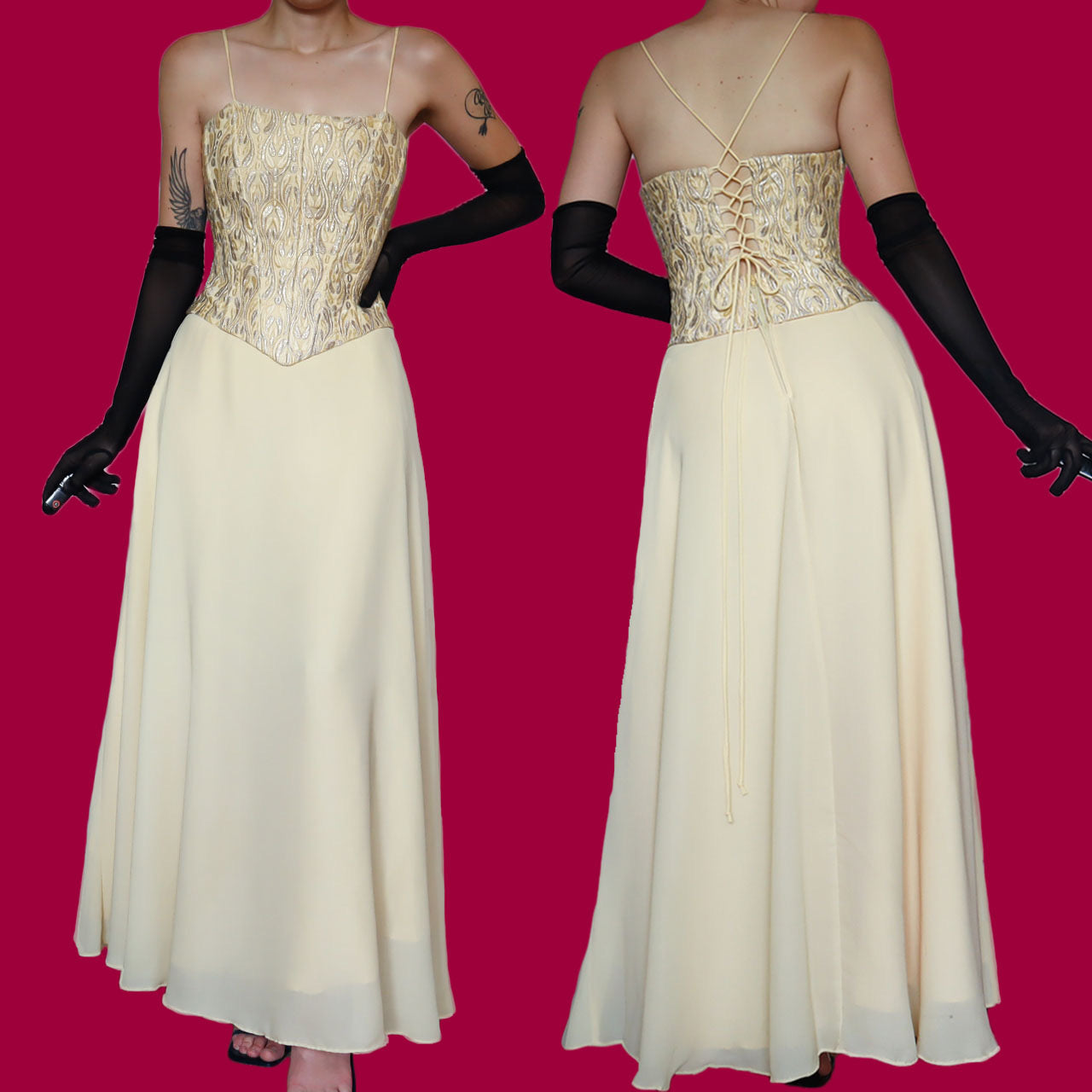 Subtle yellow YVE London evening gown & shawl UK 10