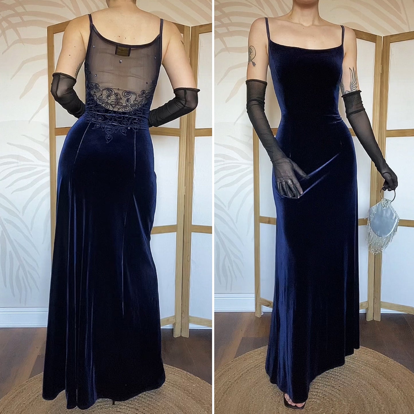 Gina Bacconi navy velvet stretch evening dress UK 12-14