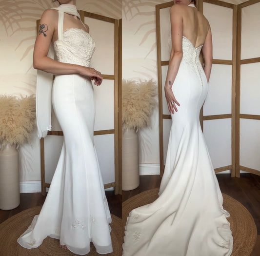 Ivory halter-neck lace wedding dress & shawl uk 8