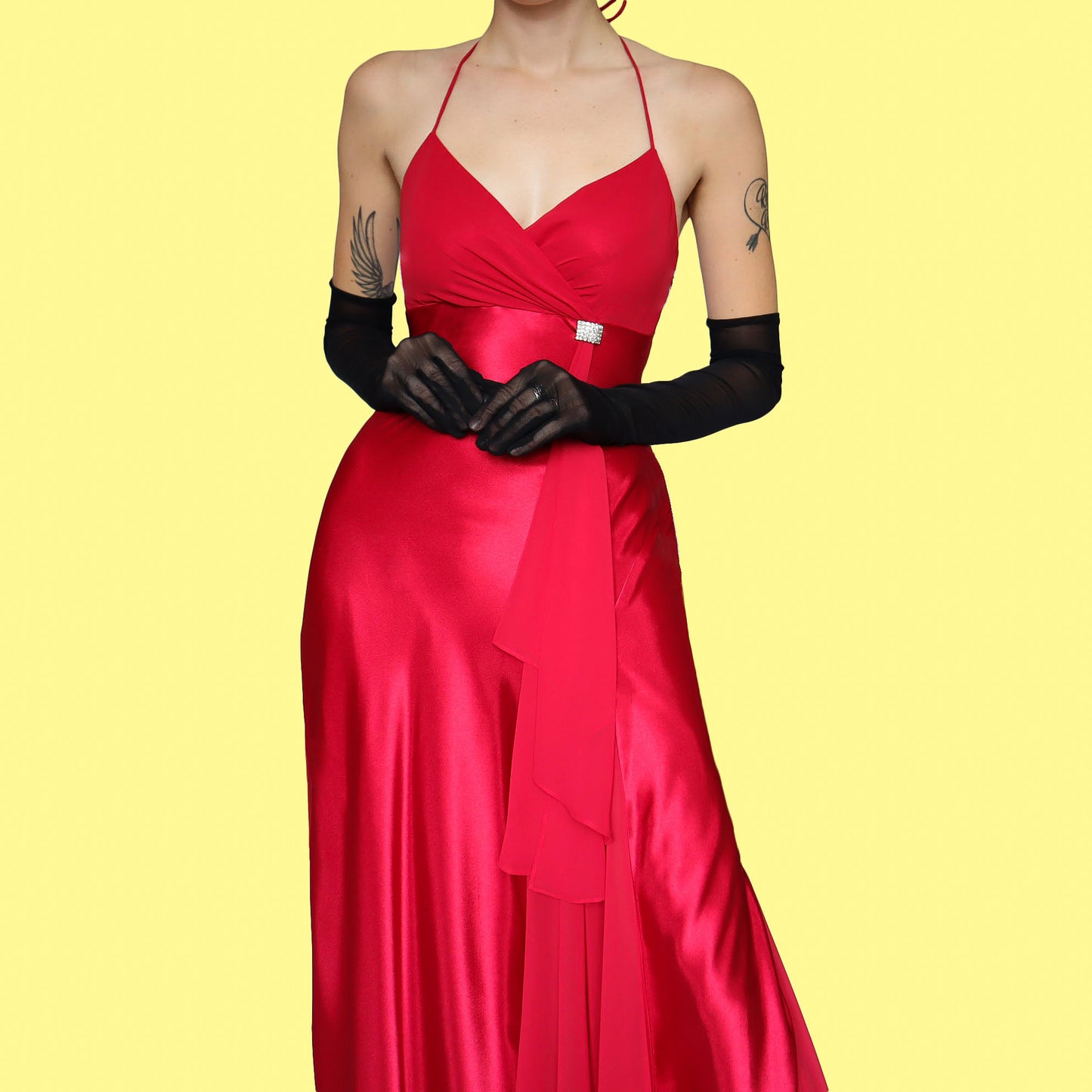 Red satin halter neck evening dress UK 12