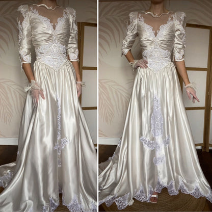 Ivory satin 80s lace & pearl wedding dress UK 12