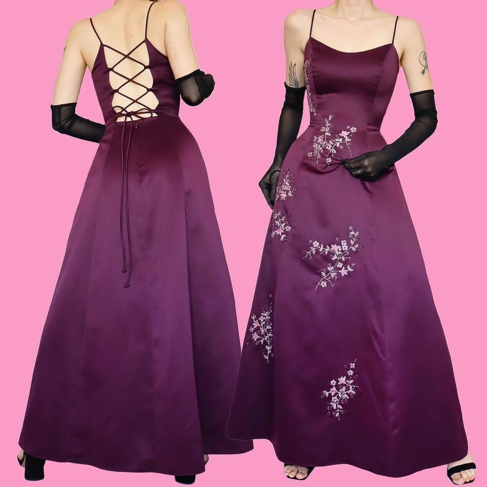 Purple Morgan & Co a-line lace up back evening gown UK 10