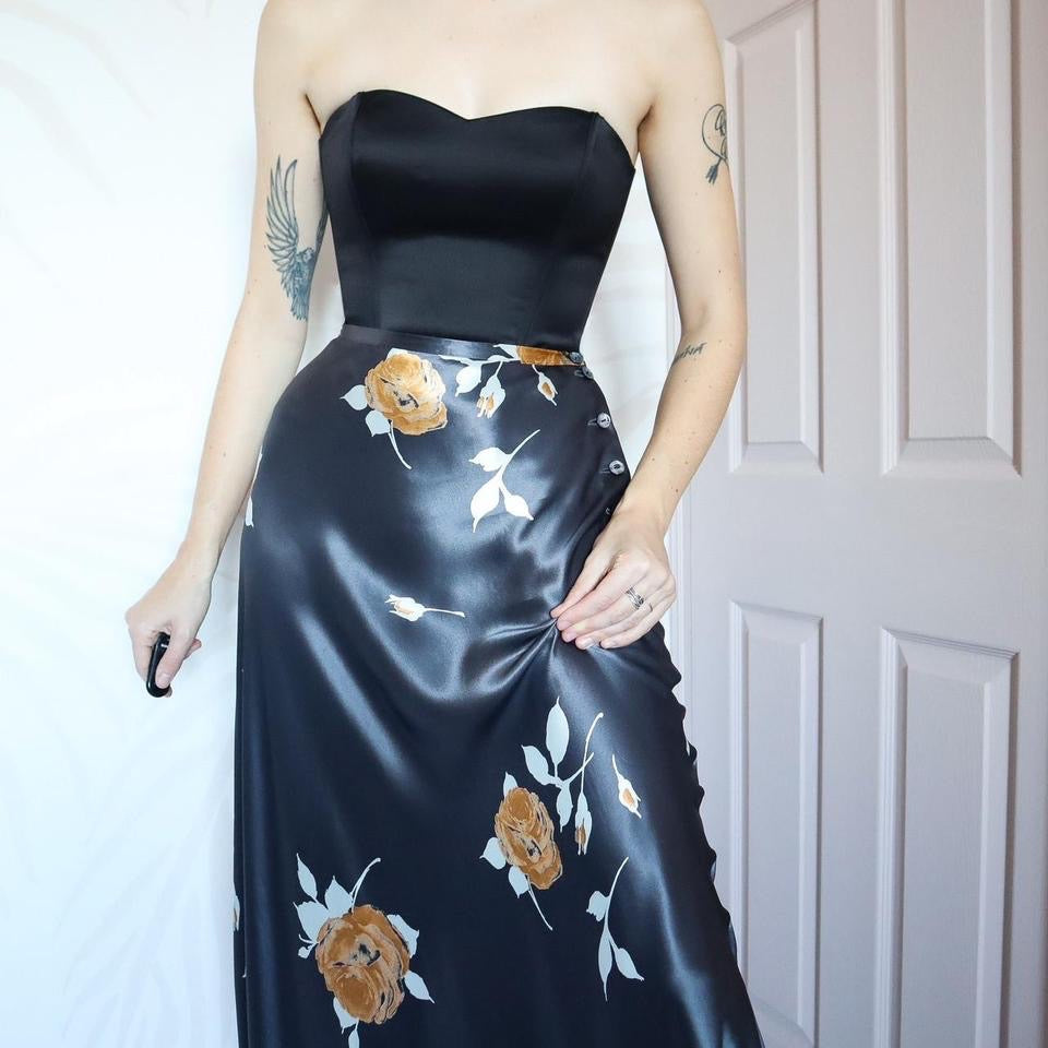 Silky grey floral satin maxi skirt UK 10