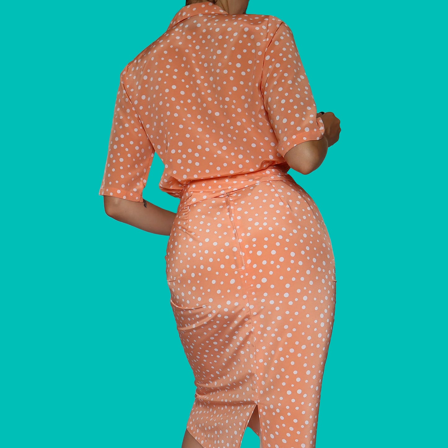 Peach polka dot 2 piece top & skirt suit UK 8