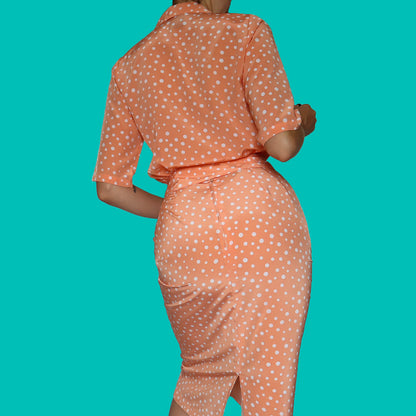 Peach polka dot 2 piece top & skirt suit UK 8