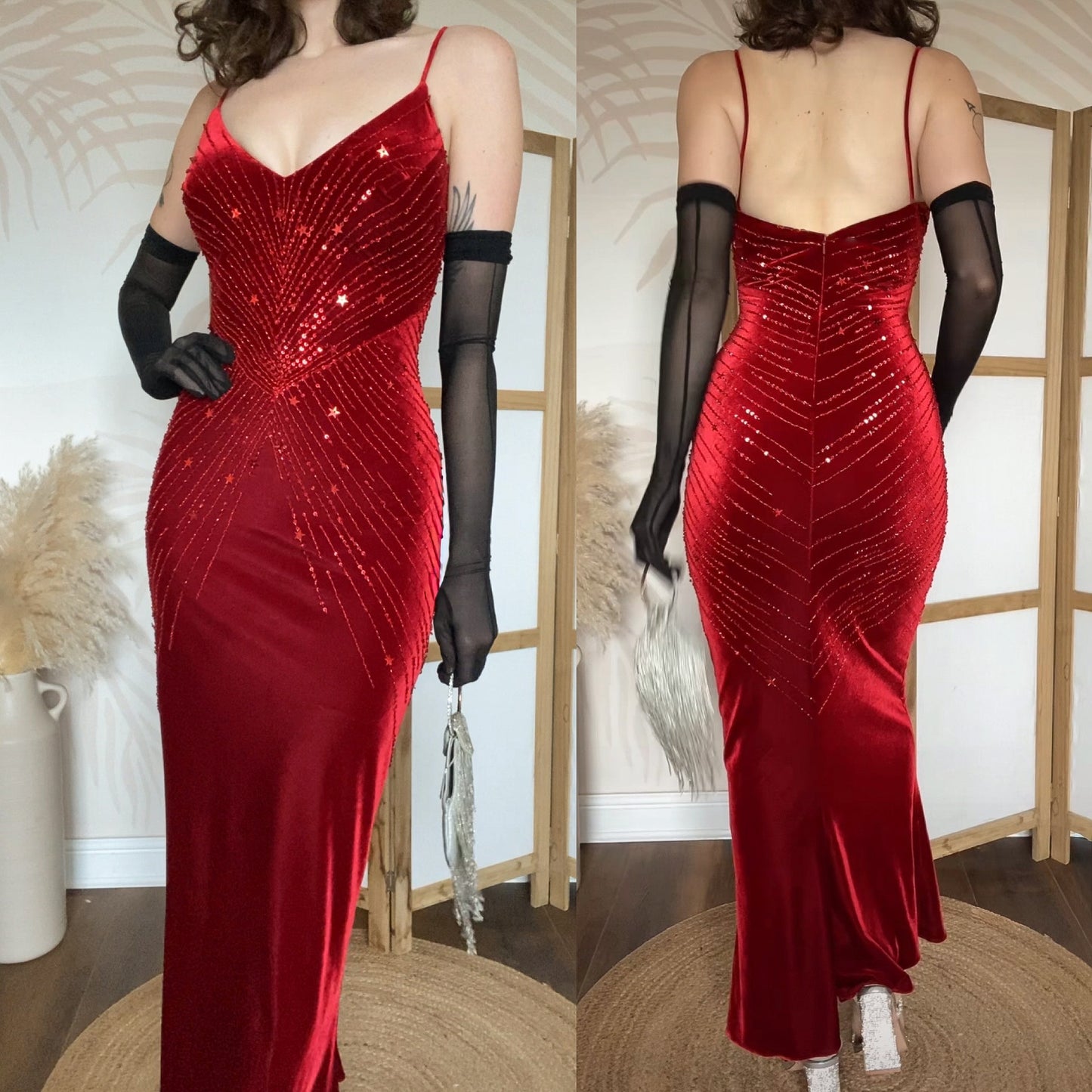 Red velvet stretch beaded party dress uk 10