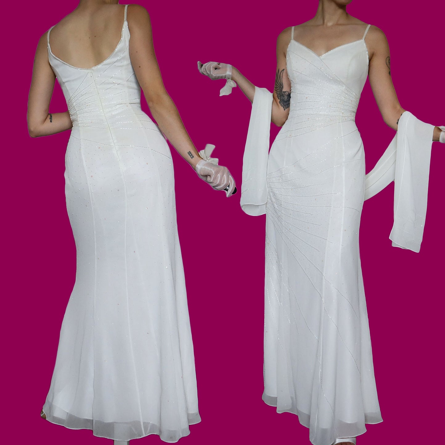 White beaded wedding dress with shawl UK 12