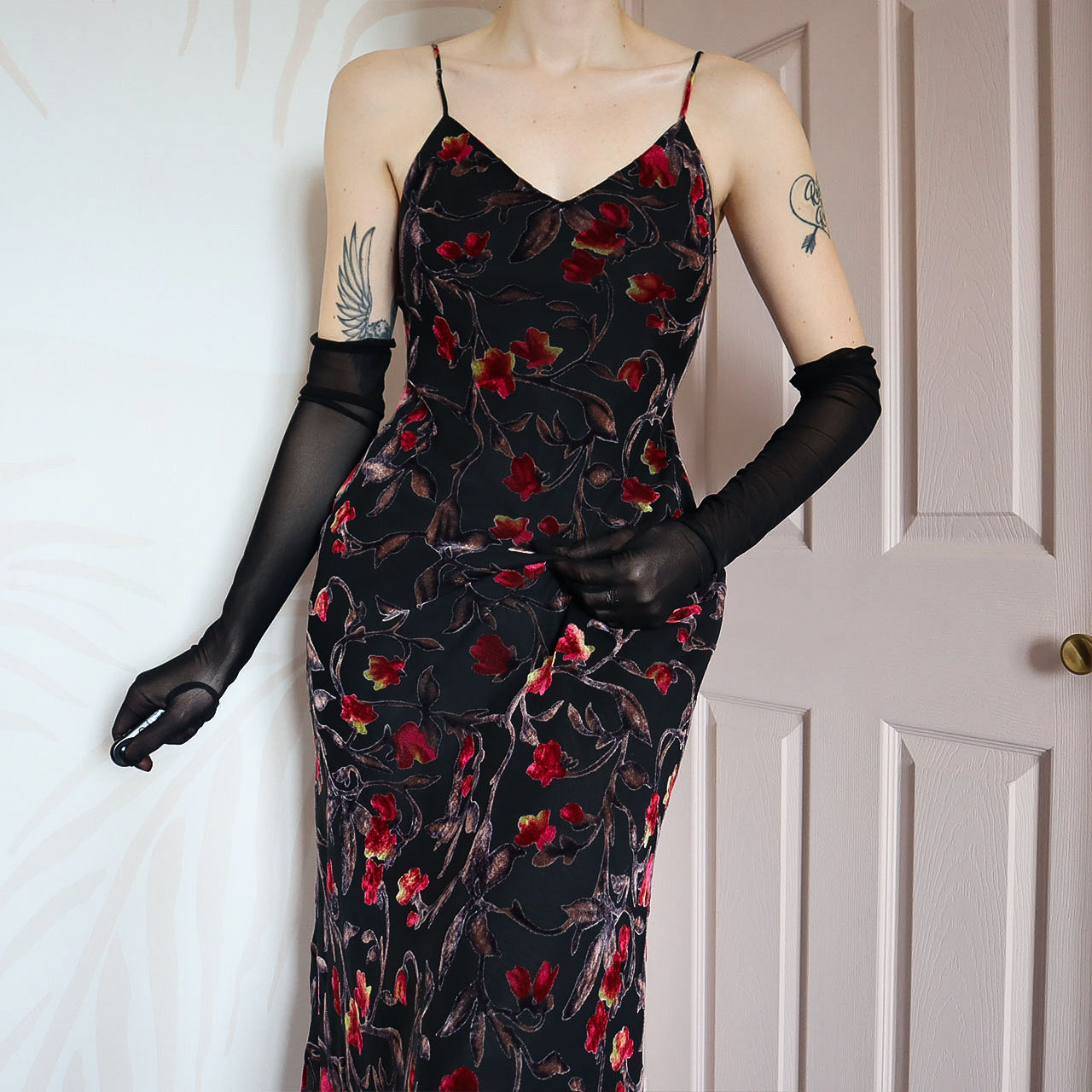 Black floral velvet devore slip dress UK 10