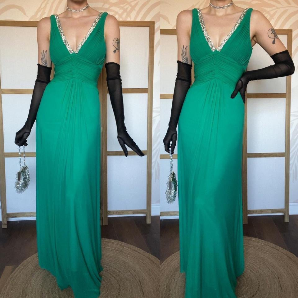Green stretch beaded evening dress UK 10-12