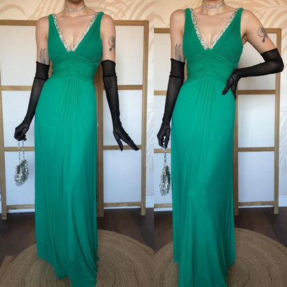 Green stretch beaded evening dress UK 10-12
