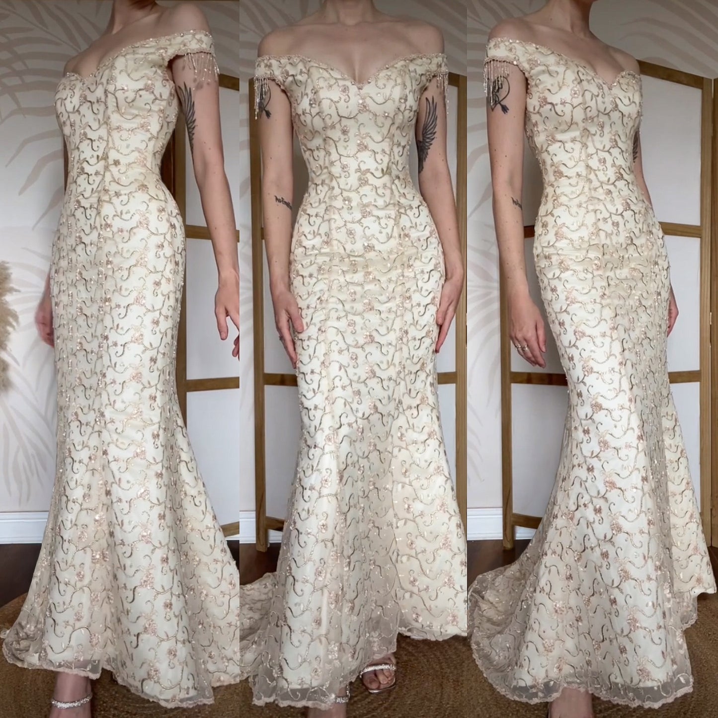 Justin Alexander cream off shoulder embroidered wedding dress uk 8