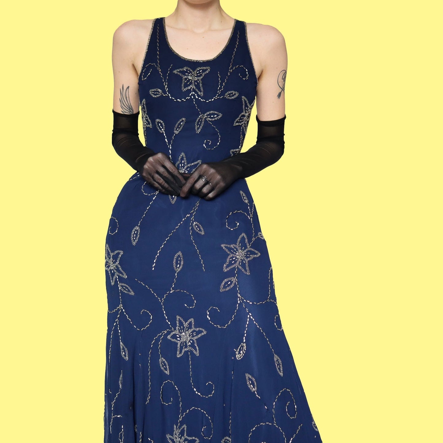 Navy Kaleidoscope beaded evening gown UK 16