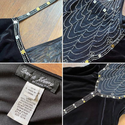 Black velvet beaded 90s evening dress uk 14