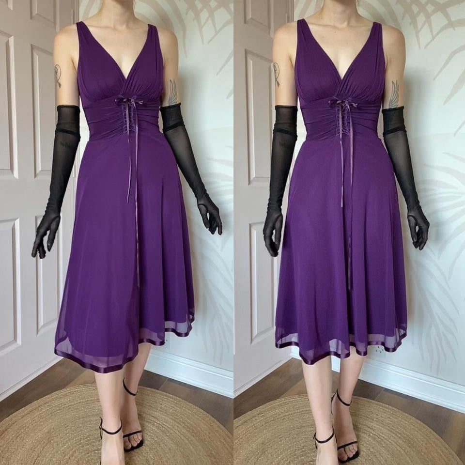 Purple stretch evening midi dress UK S