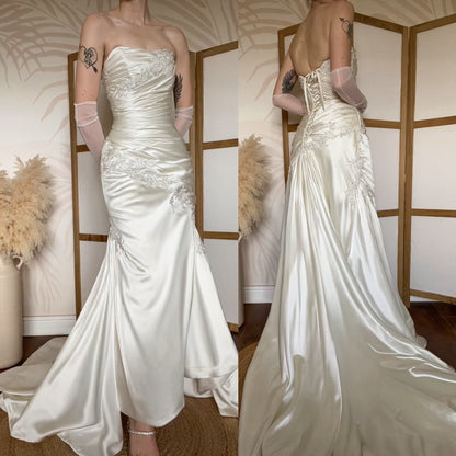 Ivory satin fit & flare wedding dress uk 8-10