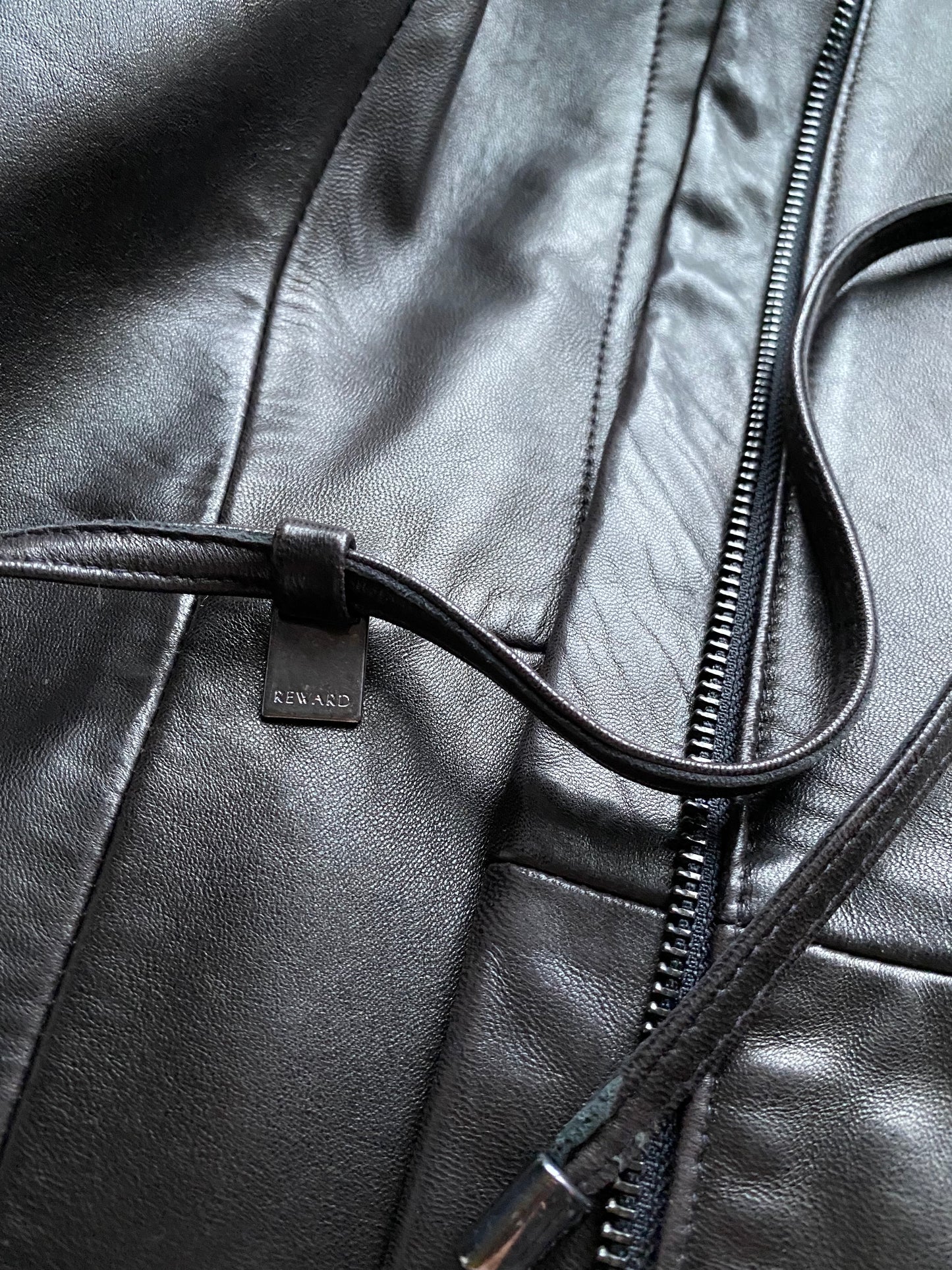 Black real leather long coat with belt UK 12