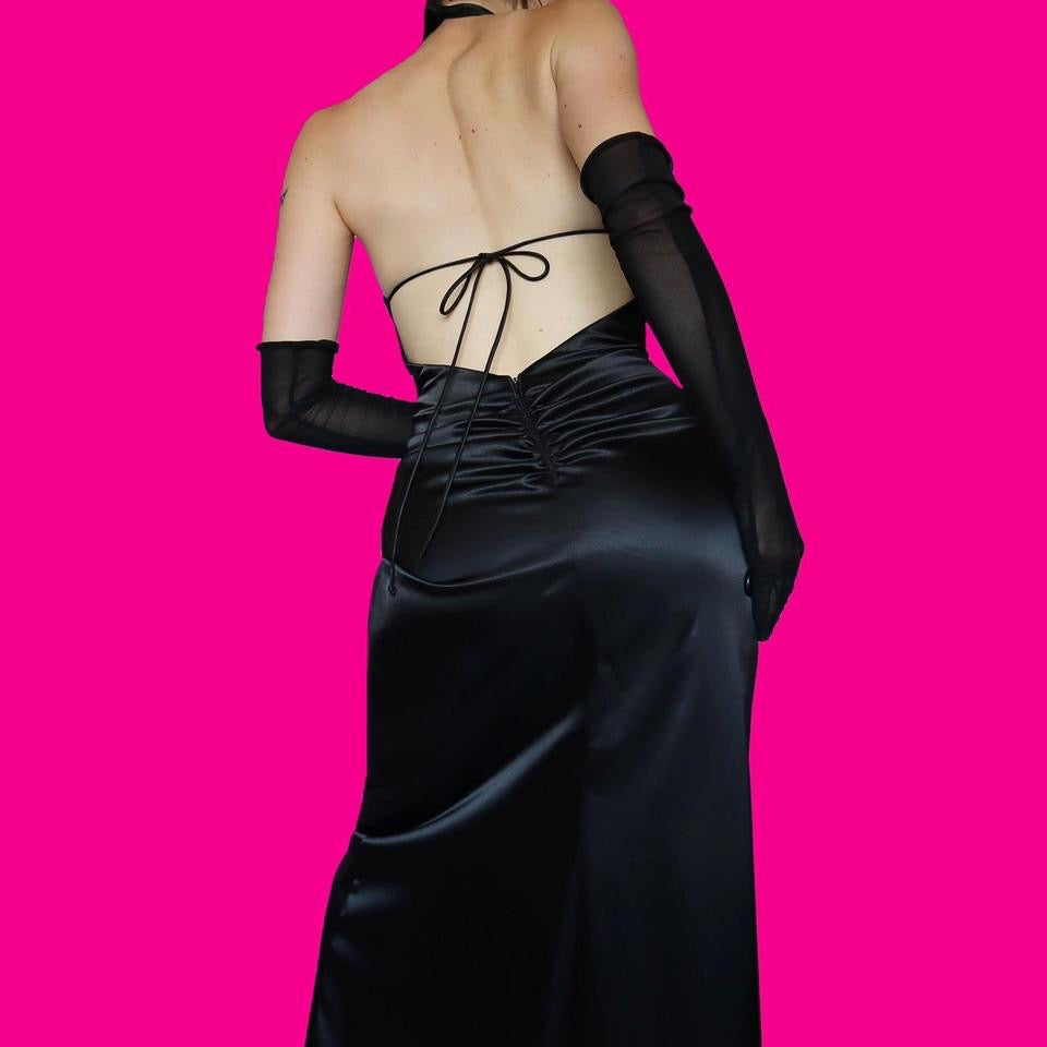 Vintage Zum Zum black satin halter-neck evening gown UK 14