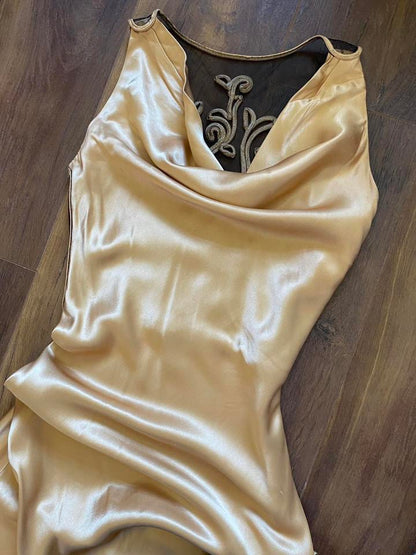 Gold YVE London satin evening dress uk 6/xs