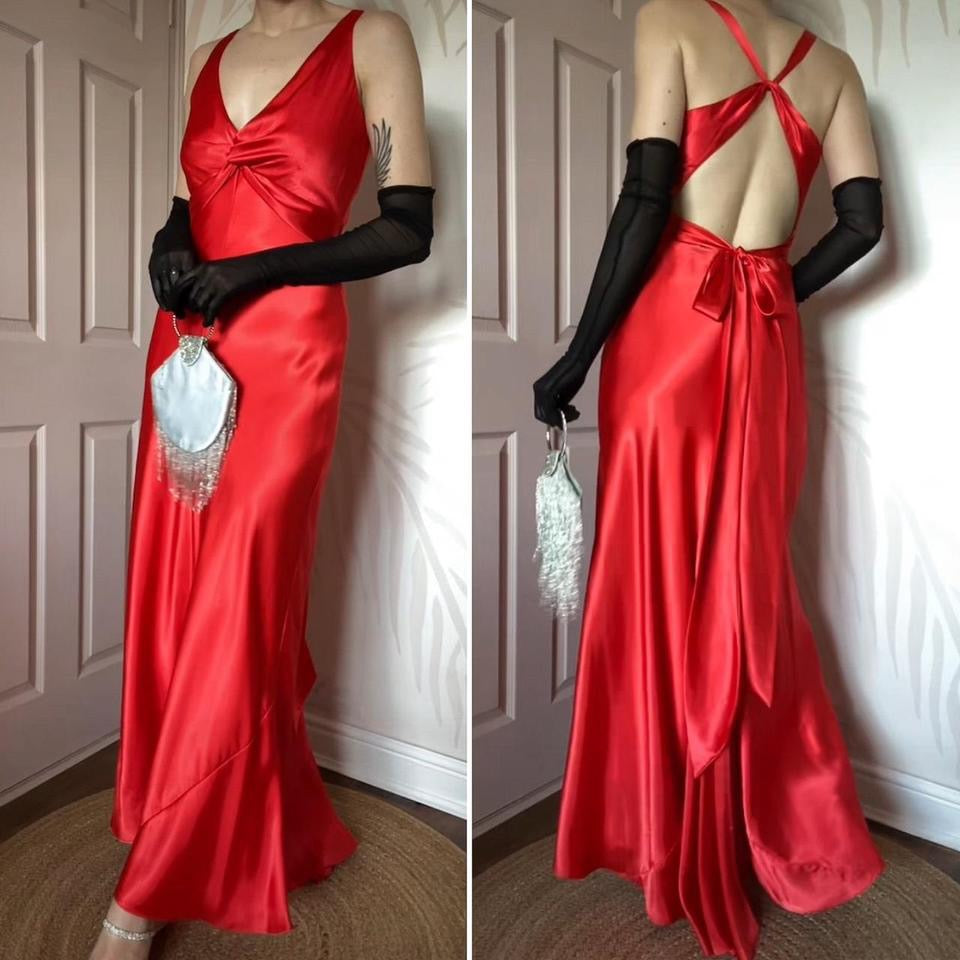 Orangey red satin evening gown UK 10