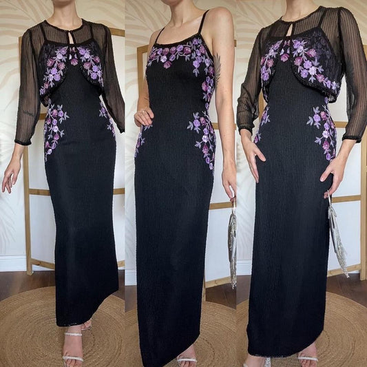 Black & purple silk beaded 2 piece uk 14