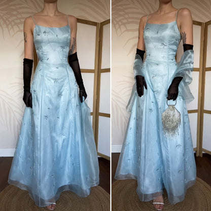 Light blue a-line organza beaded prom dress & shawl UK 12