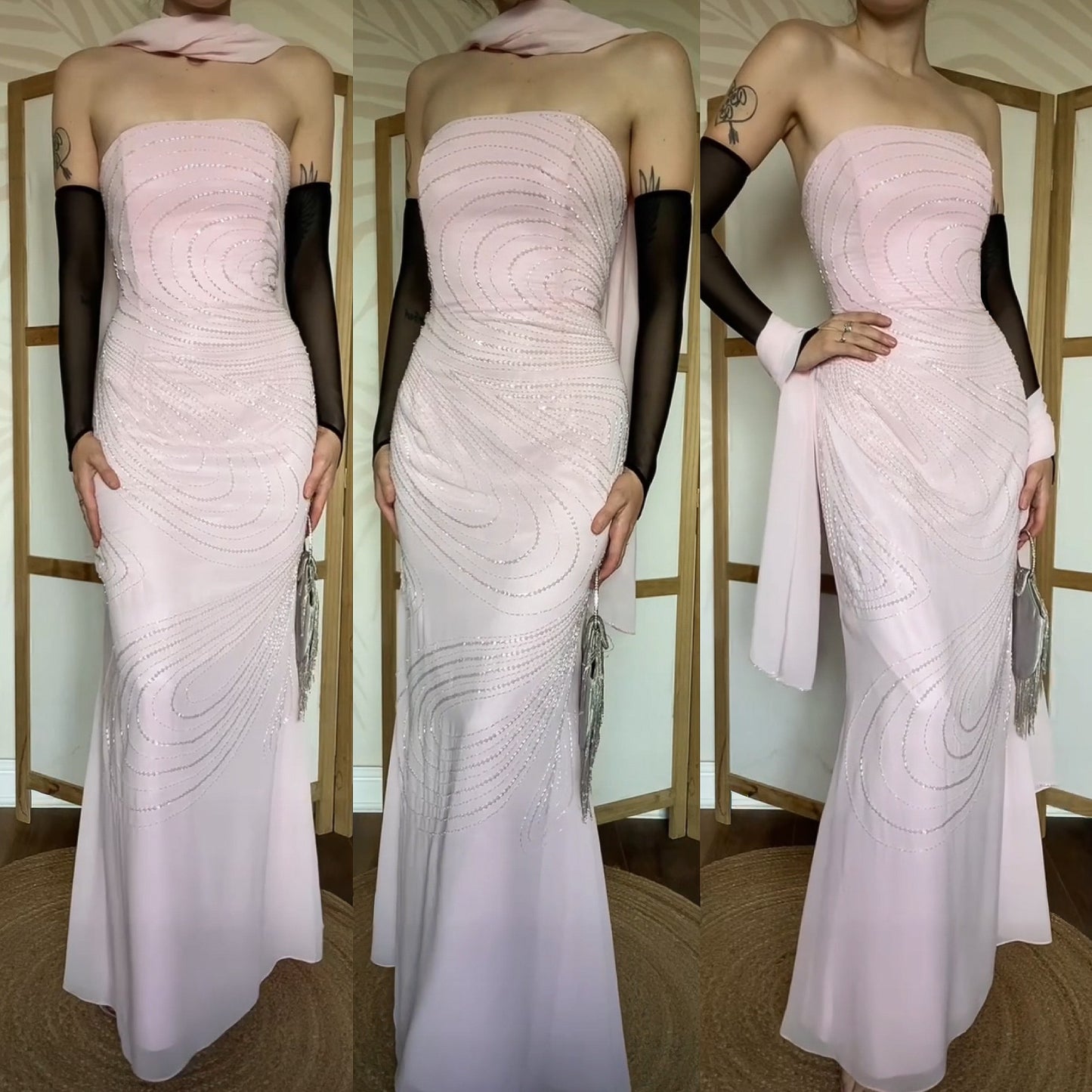 Light pink strapless beaded evening dress & shawl uk 14