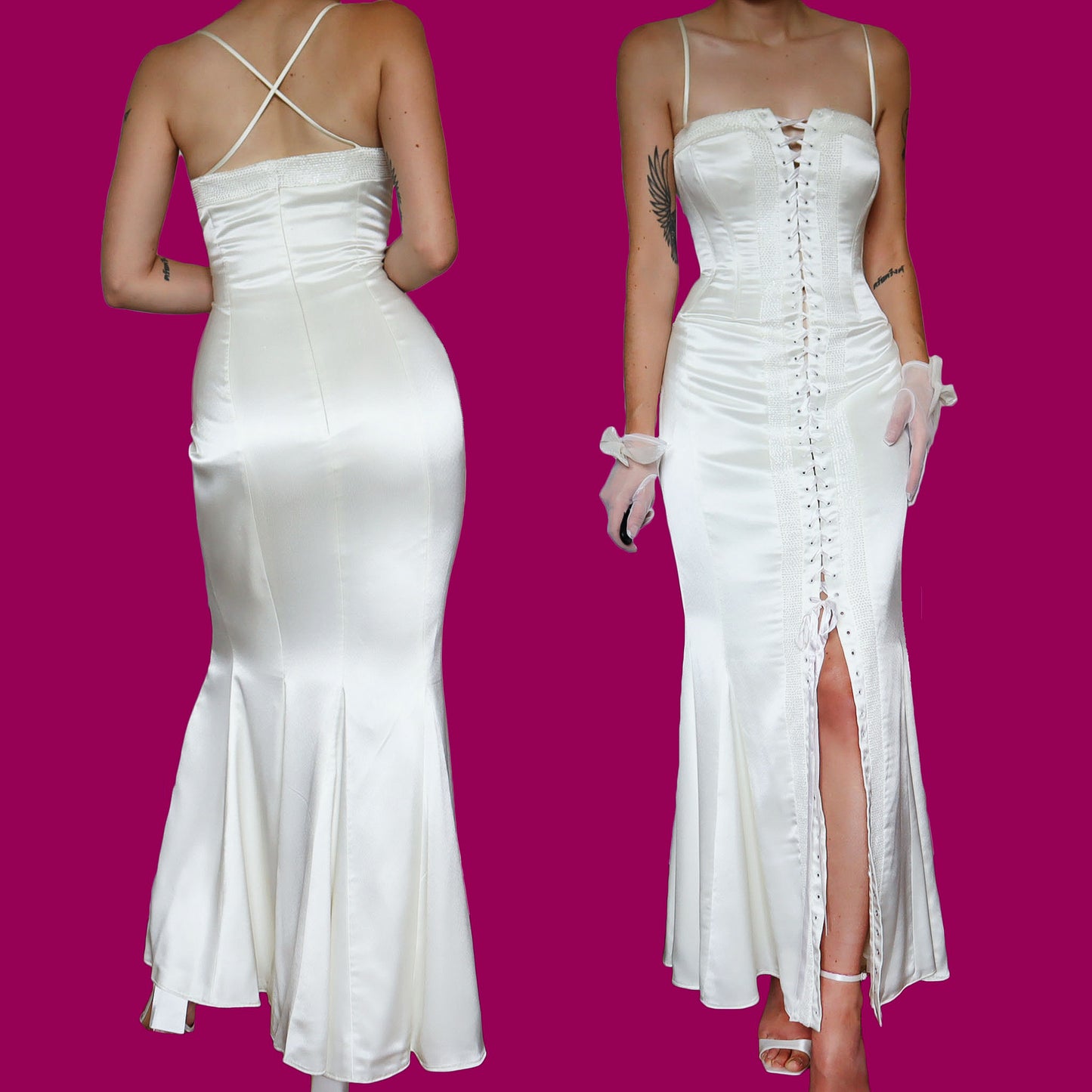 Ellis white corset beaded lace front wedding dress UK 12