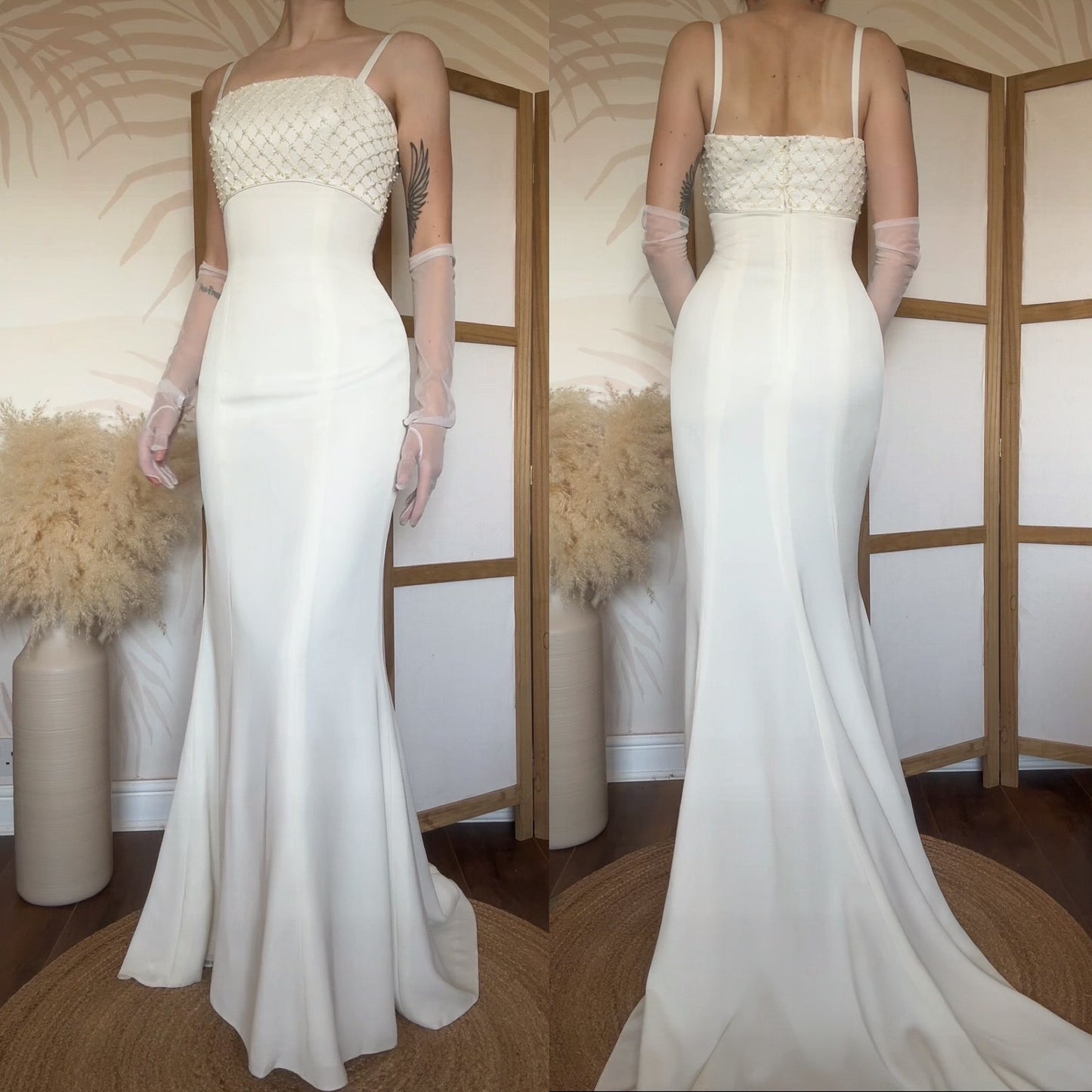 Rena Koh ivory figure hugging wedding dress & shawl uk 8-10