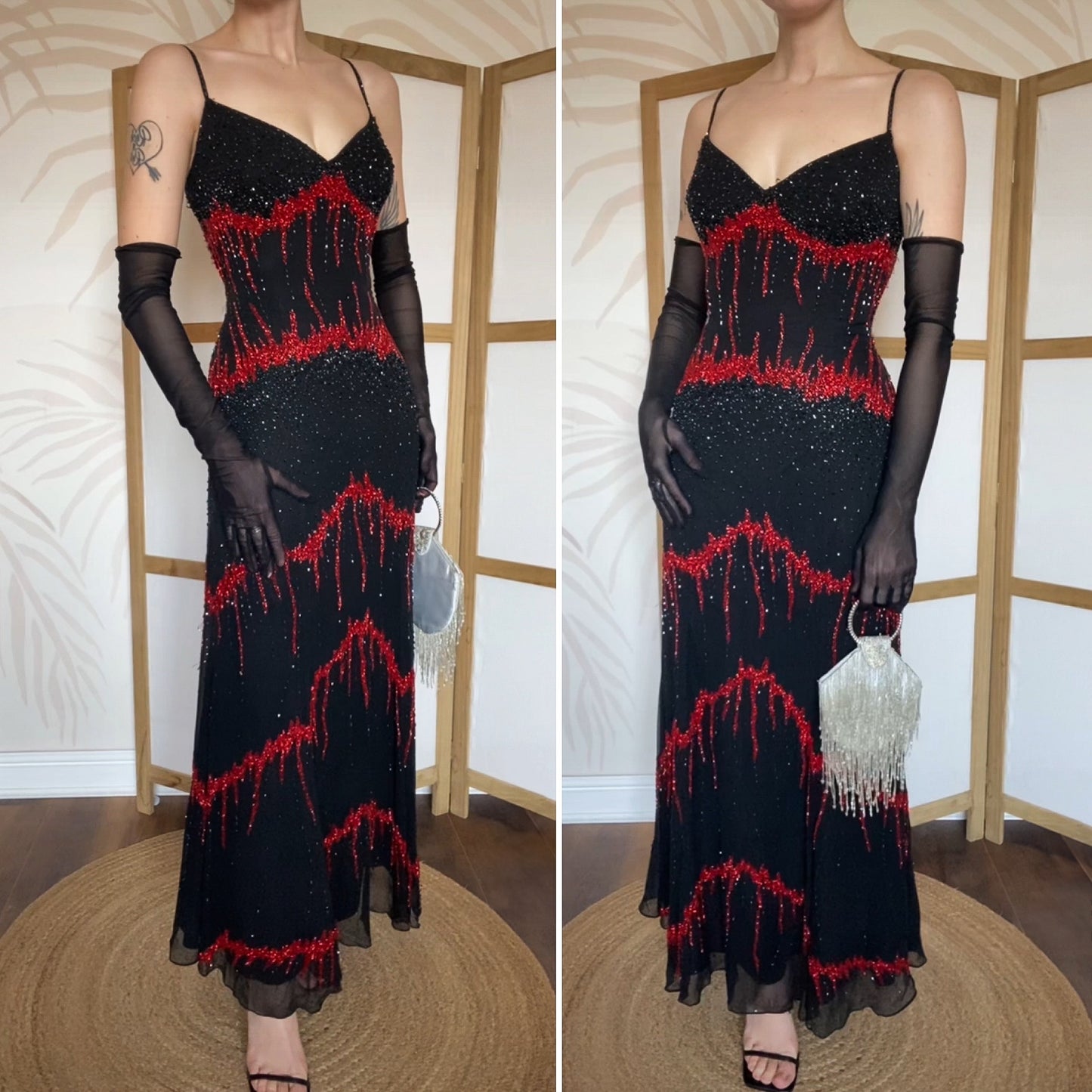 Black & red 100% silk beaded evening dress UK 14