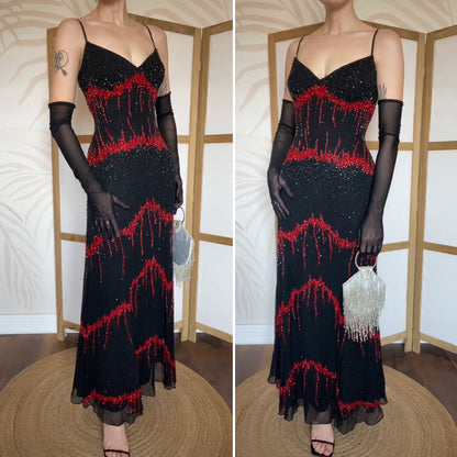Black & red 100% silk beaded evening dress UK 14