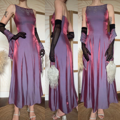 Debut purple iridescent evening dress & shawl uk 12