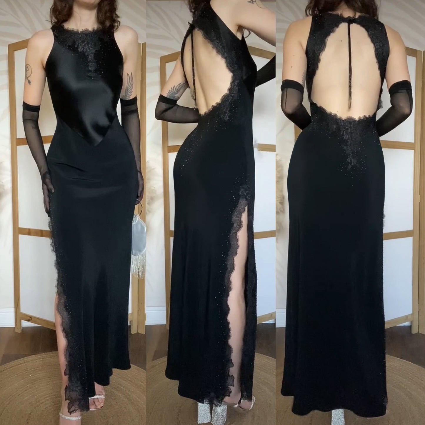 Black lace beaded open back evening dress uk 8