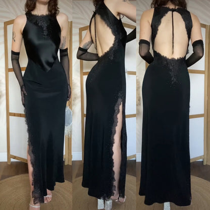 Black lace beaded open back evening dress uk 8
