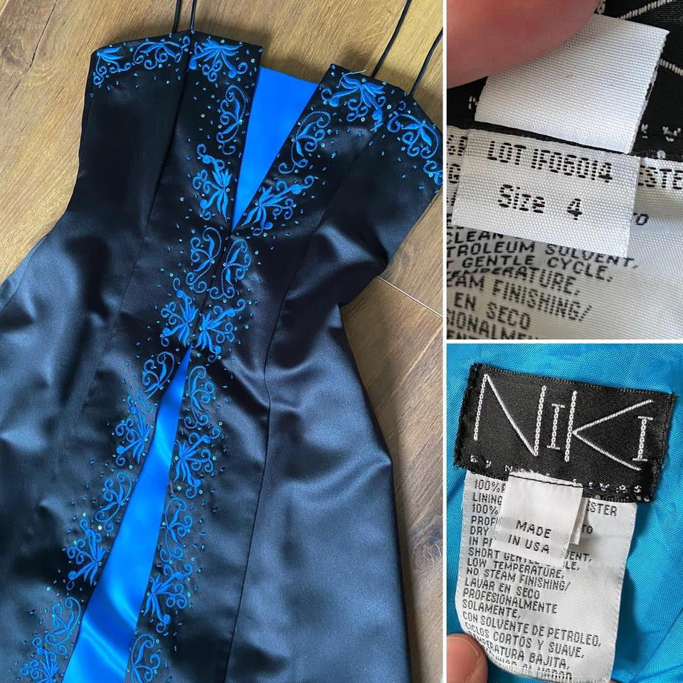 Niki Livas blue & black a-line prom dress & shawl uk 8/10