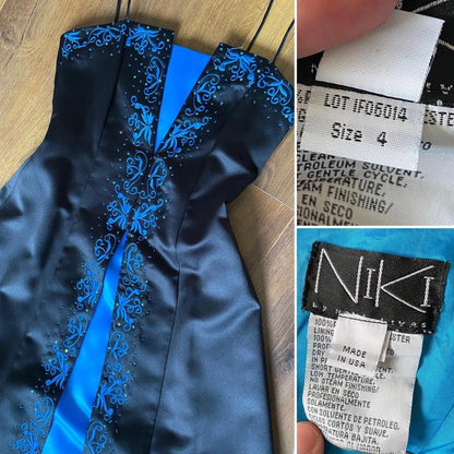 Niki Livas blue & black a-line prom dress & shawl uk 8/10