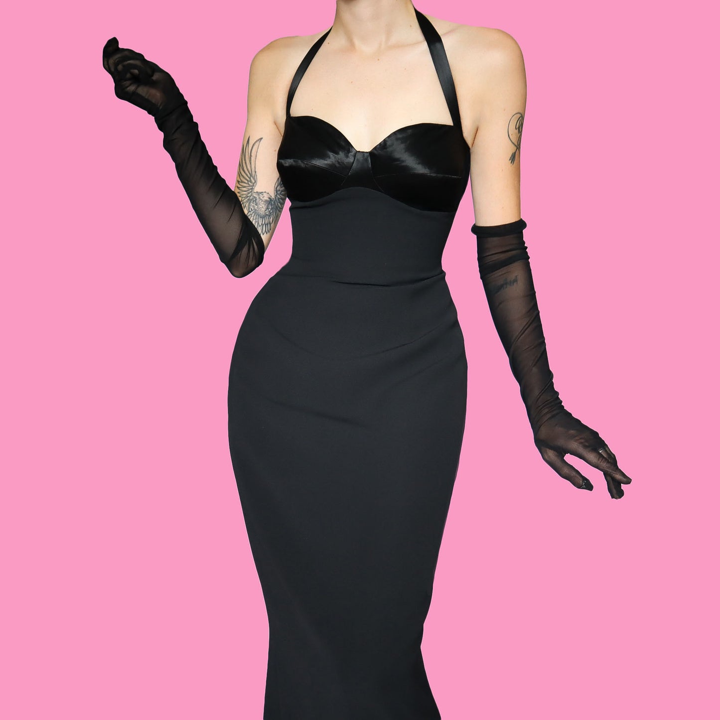 Black halter-neck fitted evening dress UK 12