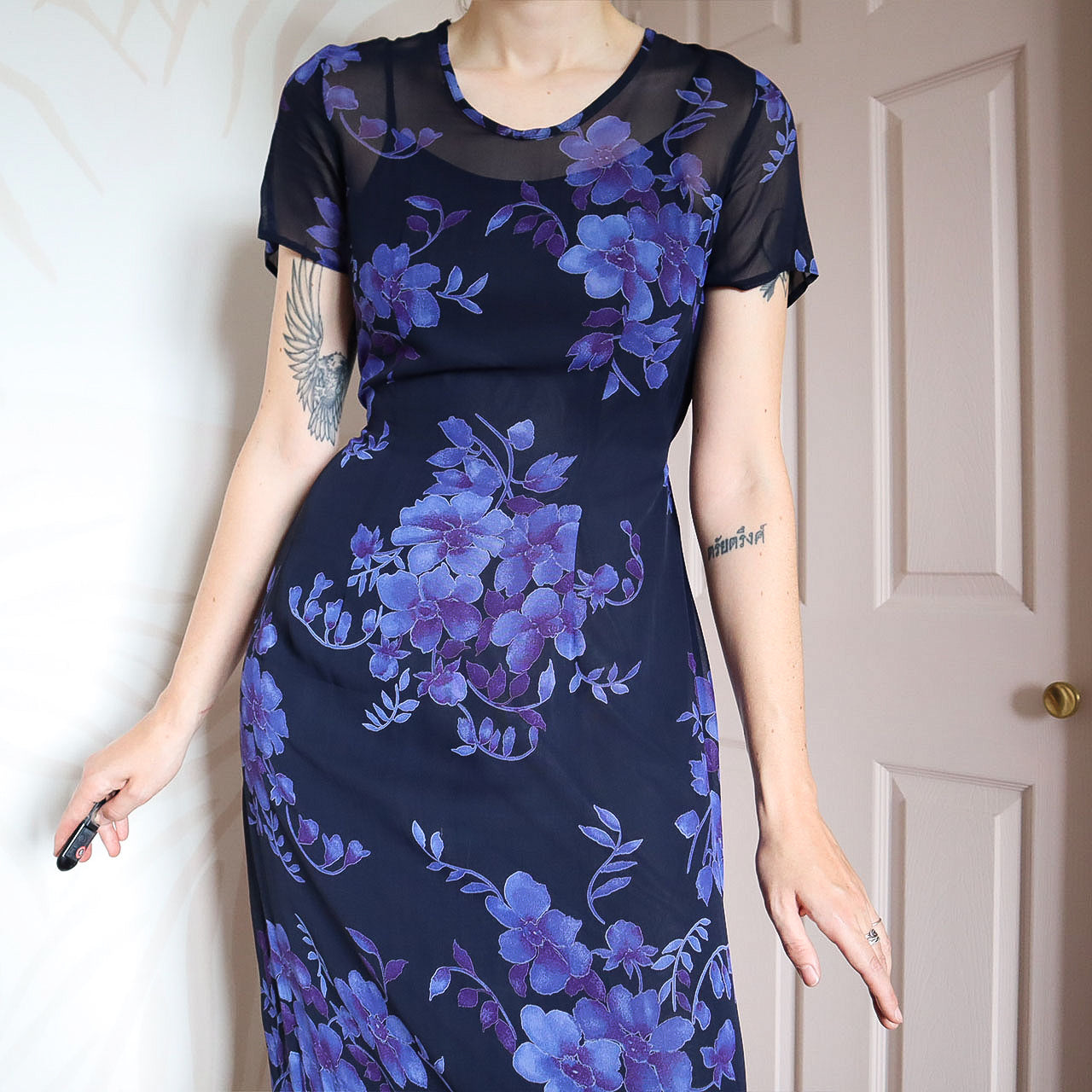 Blue Hamells Floral Sheer Short Sleeve Dress UK 10