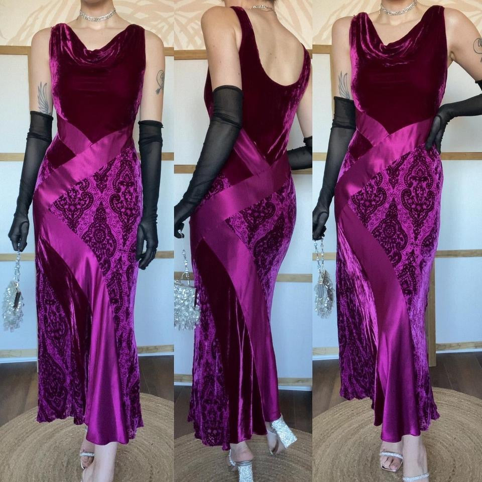 Silk blend dark pink velvet & satin slip dress UK 12-14