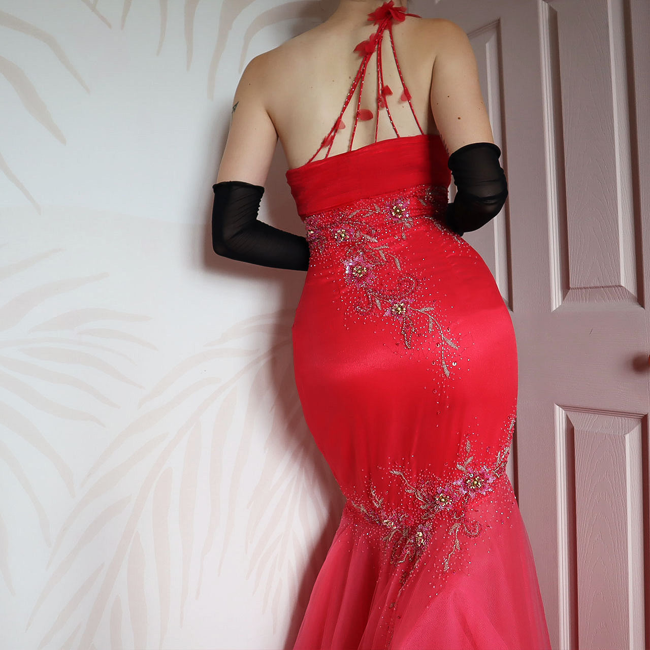 Red YVE London fishtail beaded evening dress & shawl UK 12