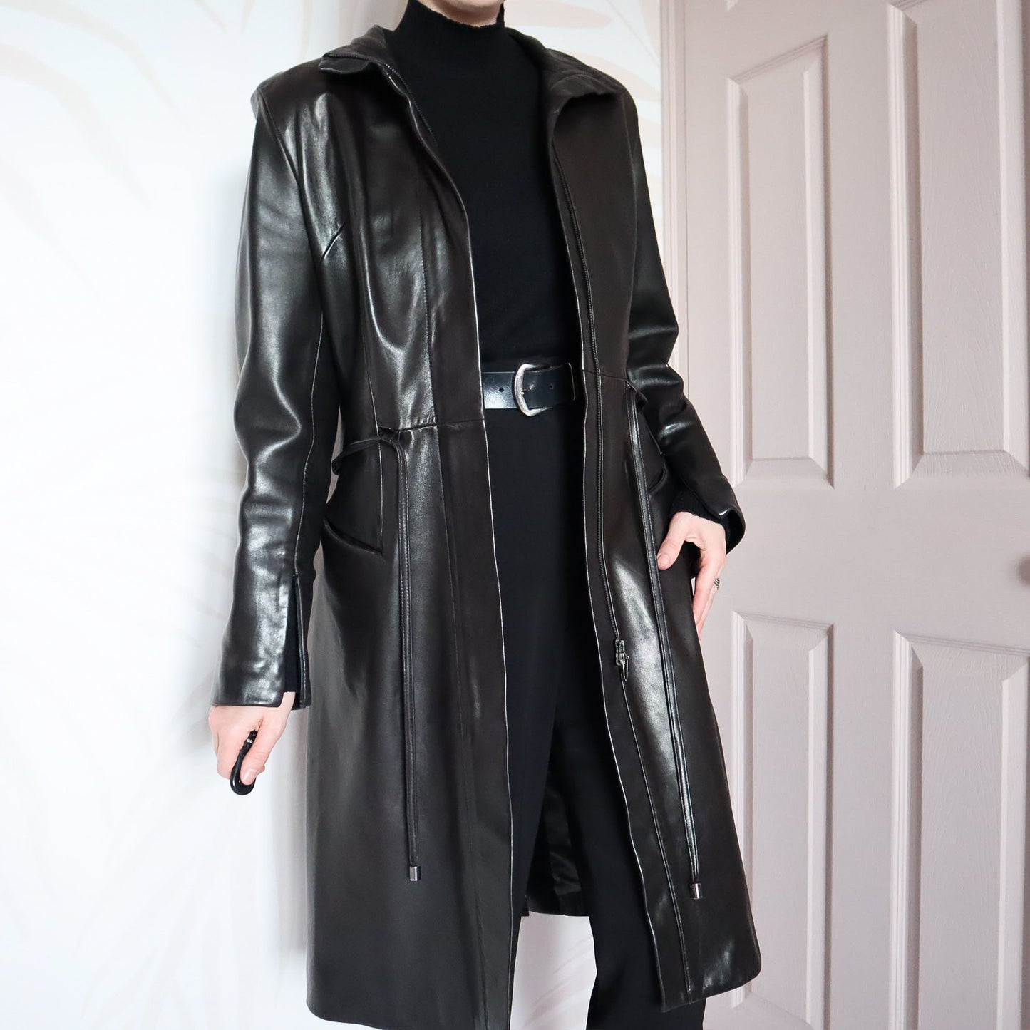 Black real leather long coat with belt UK 12