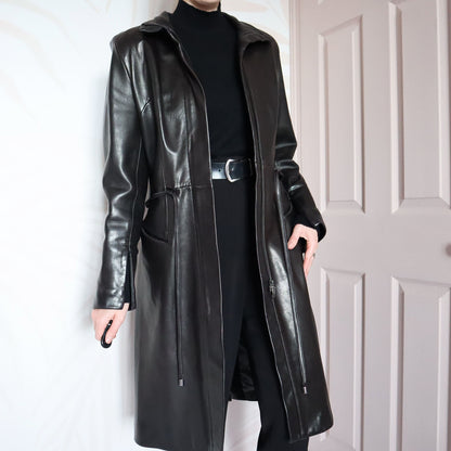 Black real leather long coat with belt UK 12